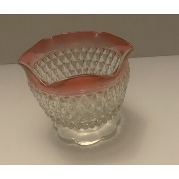 Vintage Pink Rim Crystal Cut Glass Bowl Set Scalloped Edge Pedestal Compote Dish - Picture 9 of 11